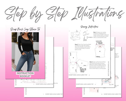 Scoop Neck Long Sleeve Top sewing pattern step by step illustrations.