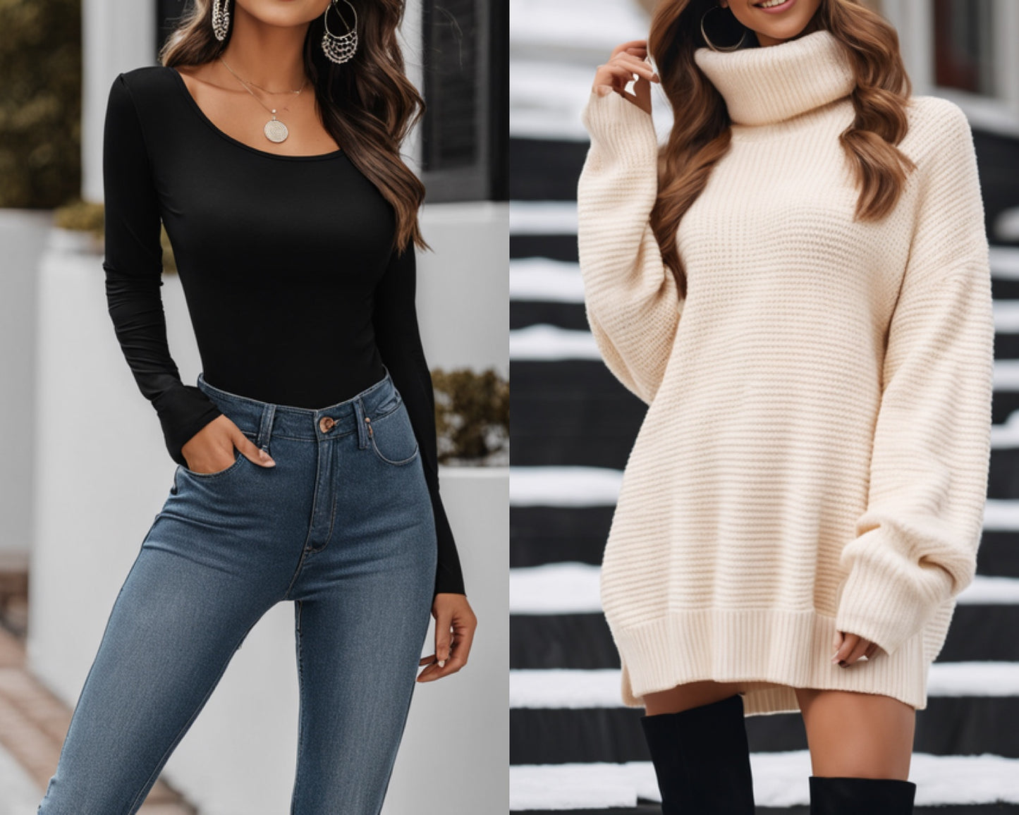 Front view of scoop neck long sleeve top and turtleneck sweater dress