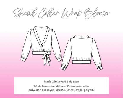 Illustration and detailed description for Shawl Collar Wrap Blouse sewing pattern.