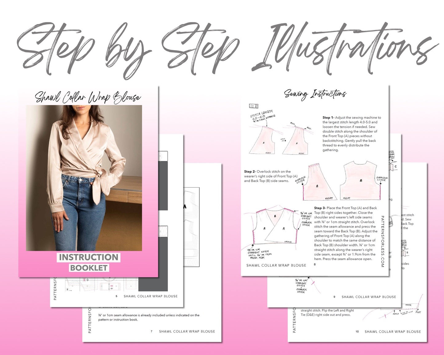 Shawl Collar Wrap Blouse sewing pattern step by step illustrations.