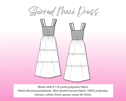Illustration and detailed description for Shirred Maxi Dress sewing pattern.