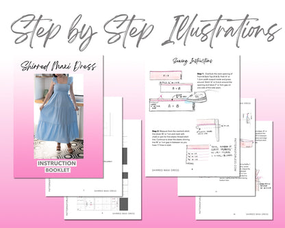 Shirred Maxi Dress sewing pattern step by step illustrations.