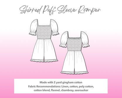 Illustration and detailed description for Shirred Puff Sleeve Romper sewing pattern.