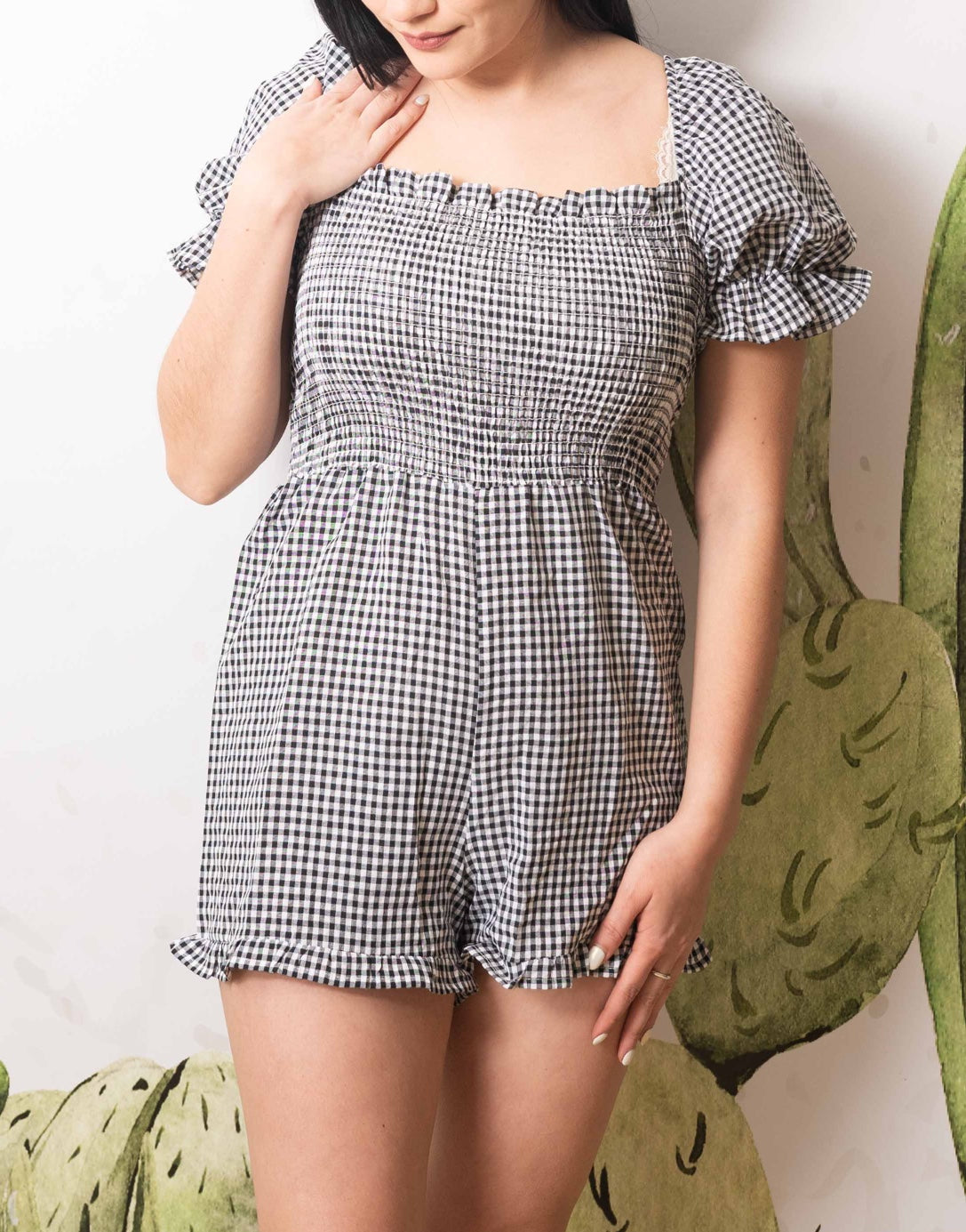 Close up front view of Shirred Puff Sleeve Romper.