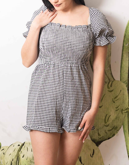 Close up front view of Shirred Puff Sleeve Romper.