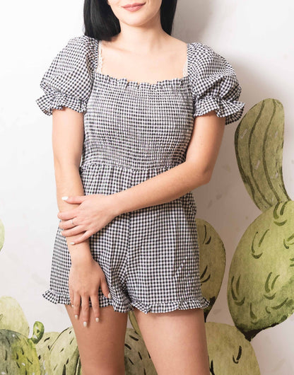 Front view of Shirred Puff Sleeve Romper.