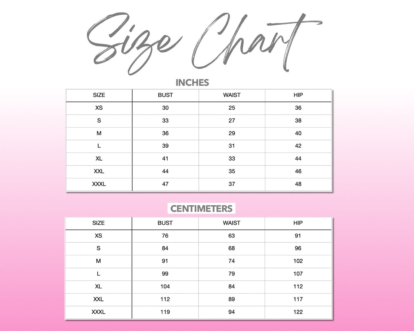 Patterns For Less size chart.