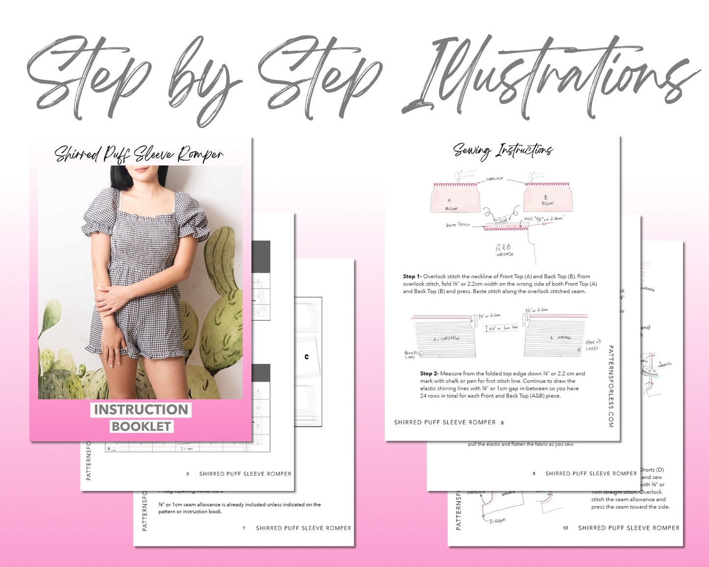 Shirred Puff Sleeve Romper sewing pattern step by step illustrations.