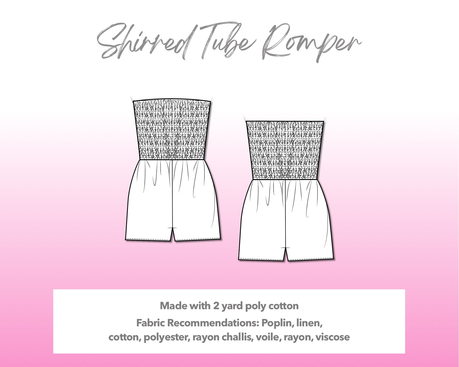 Illustration and detailed description for Shirred Tube Romper sewing pattern.