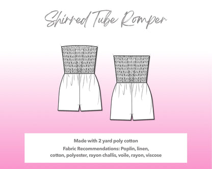 Illustration and detailed description for Shirred Tube Romper sewing pattern.