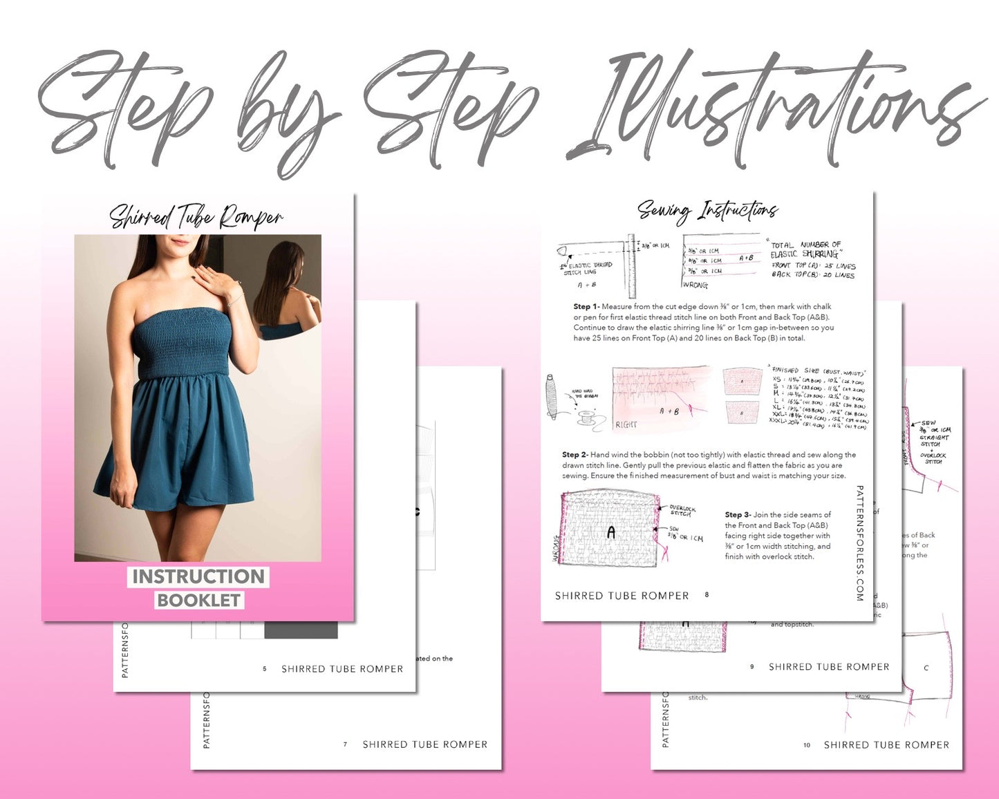 Shirred Tube Romper sewing pattern step by step illustrations.