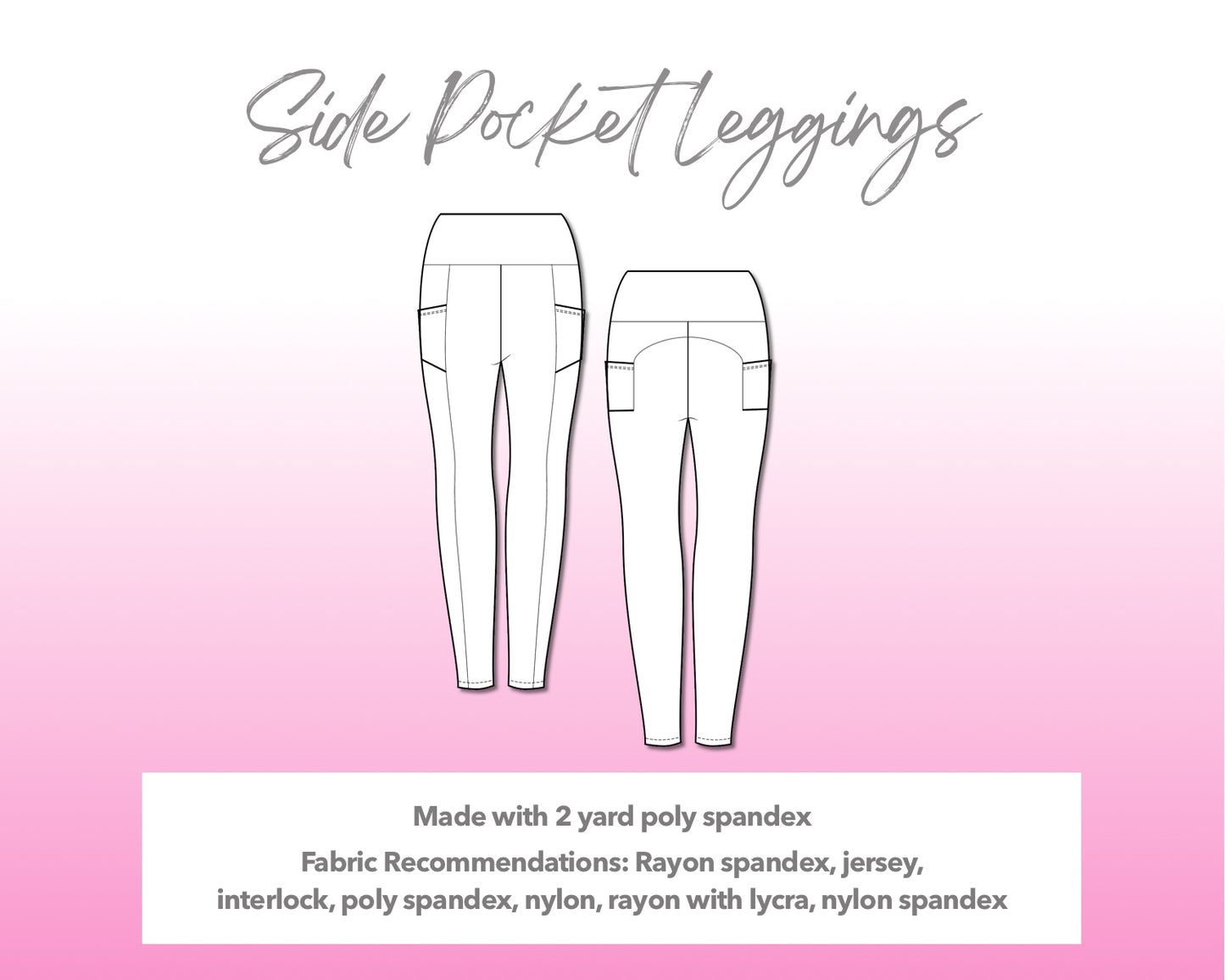 Illustration and detailed description for Side Pocket Leggings sewing pattern.