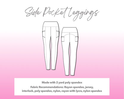 Illustration and detailed description for Side Pocket Leggings sewing pattern.