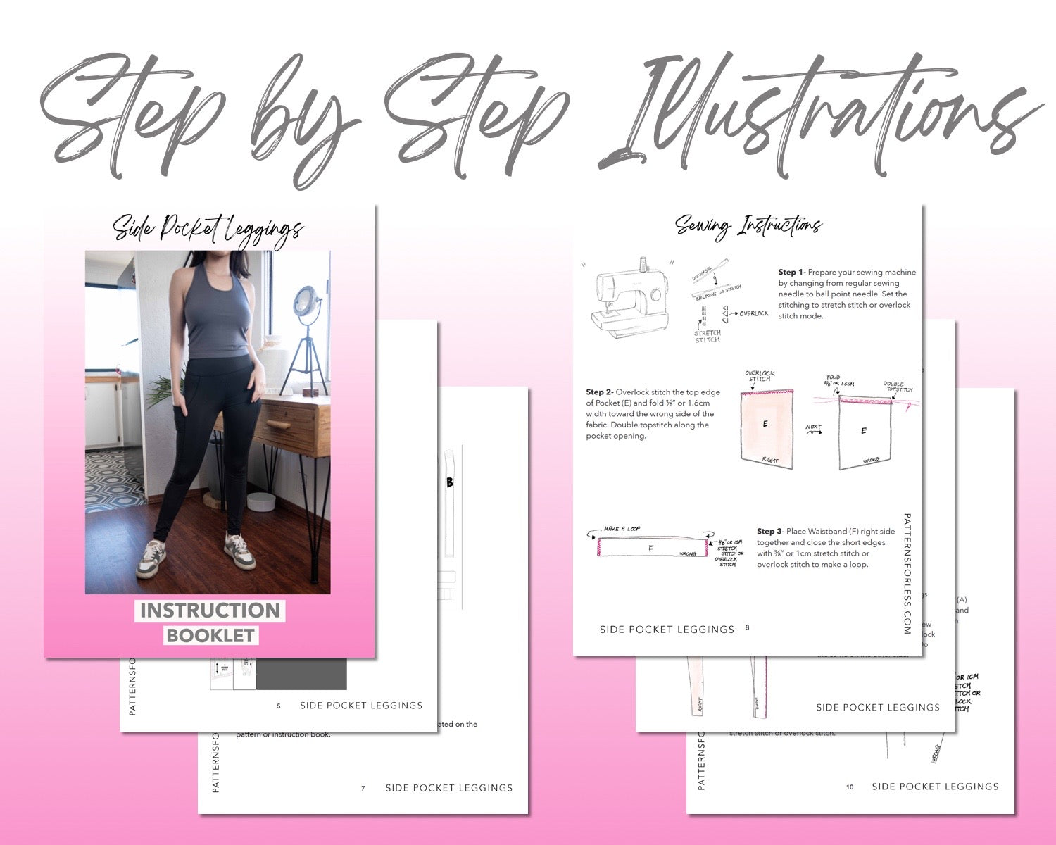 Side Pocket Leggings sewing pattern step by step illustrations.