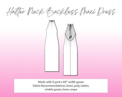 Illustration and detailed description for Side Slit Halter Neck Backless Maxi Dress sewing pattern.