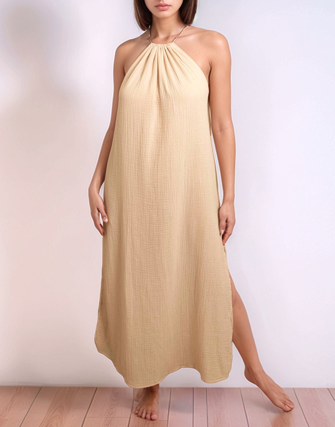 Front view of Side Slit Halter Neck Backless Maxi Dress.