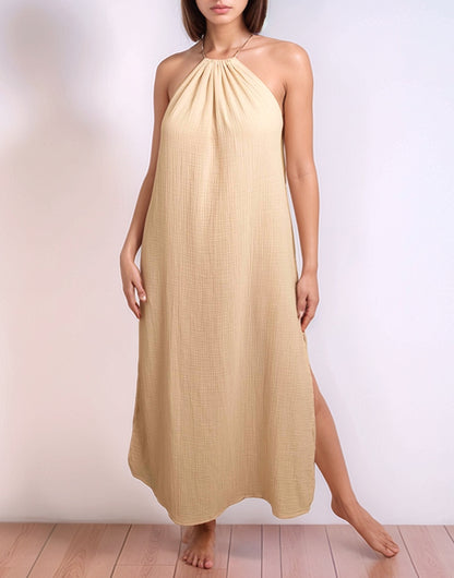 Front view of Side Slit Halter Neck Backless Maxi Dress.