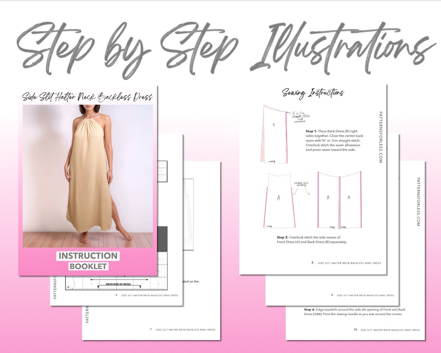 Side Slit Halter Neck Backless Maxi Dress sewing pattern step by step illustrations.