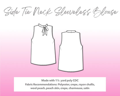 Illustration and detailed description for Side Tie Neck Sleeveless Blouse sewing pattern.