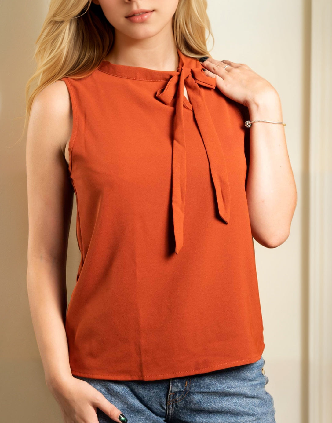 Front view of Side Tie Neck Sleeveless Blouse.