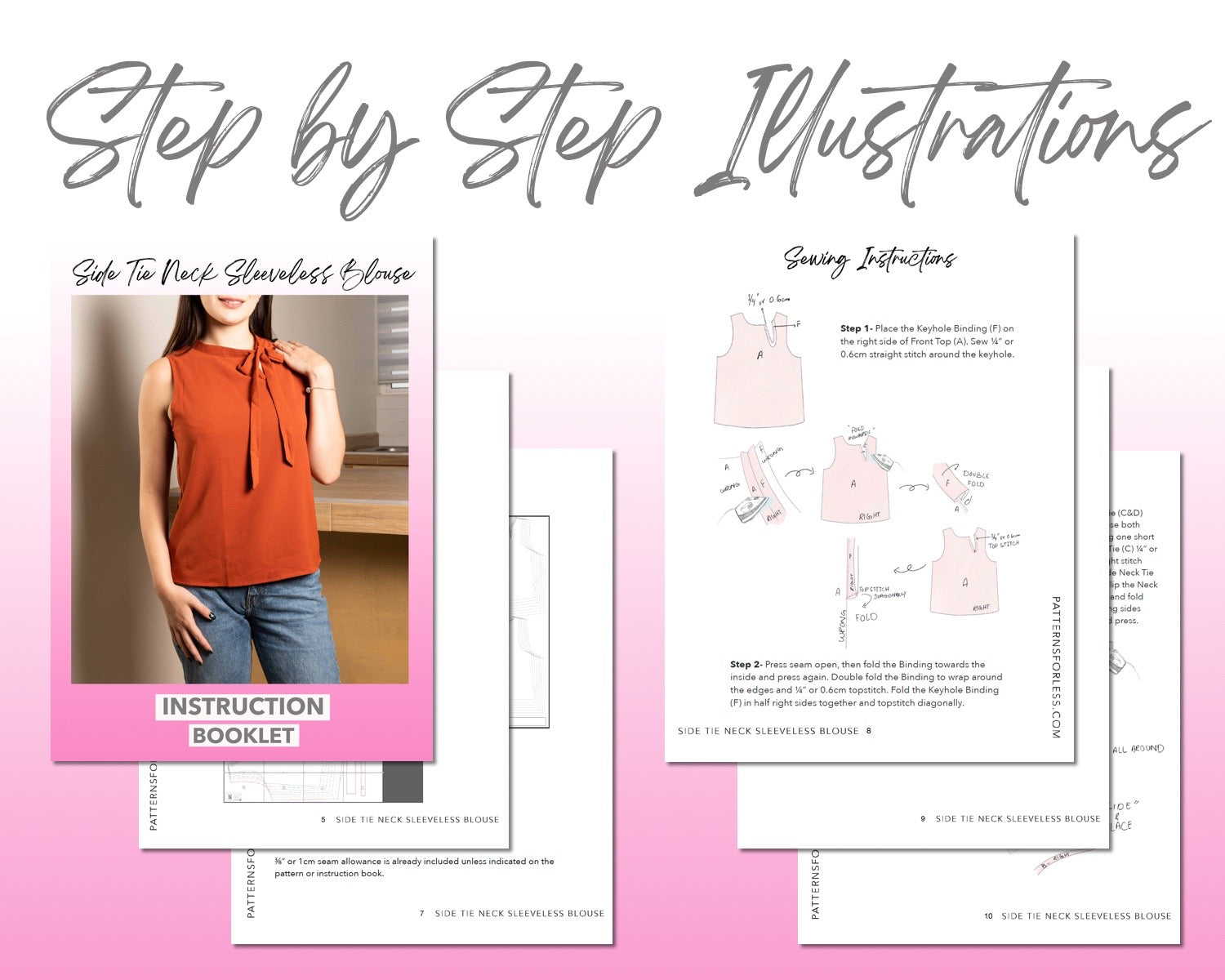 Side Tie Neck Sleeveless Blouse sewing pattern step by step illustrations.