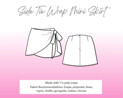 Illustration and detailed description for Side Tie Wrap Mini Skirt sewing pattern.
