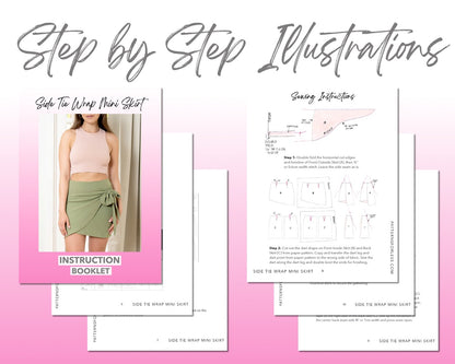 Side Tie Wrap Mini Skirt sewing pattern step by step illustrations.