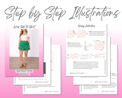 Wrap Side Tie Skort sewing pattern instruction booklet showing step by step illustrations to make the garment.