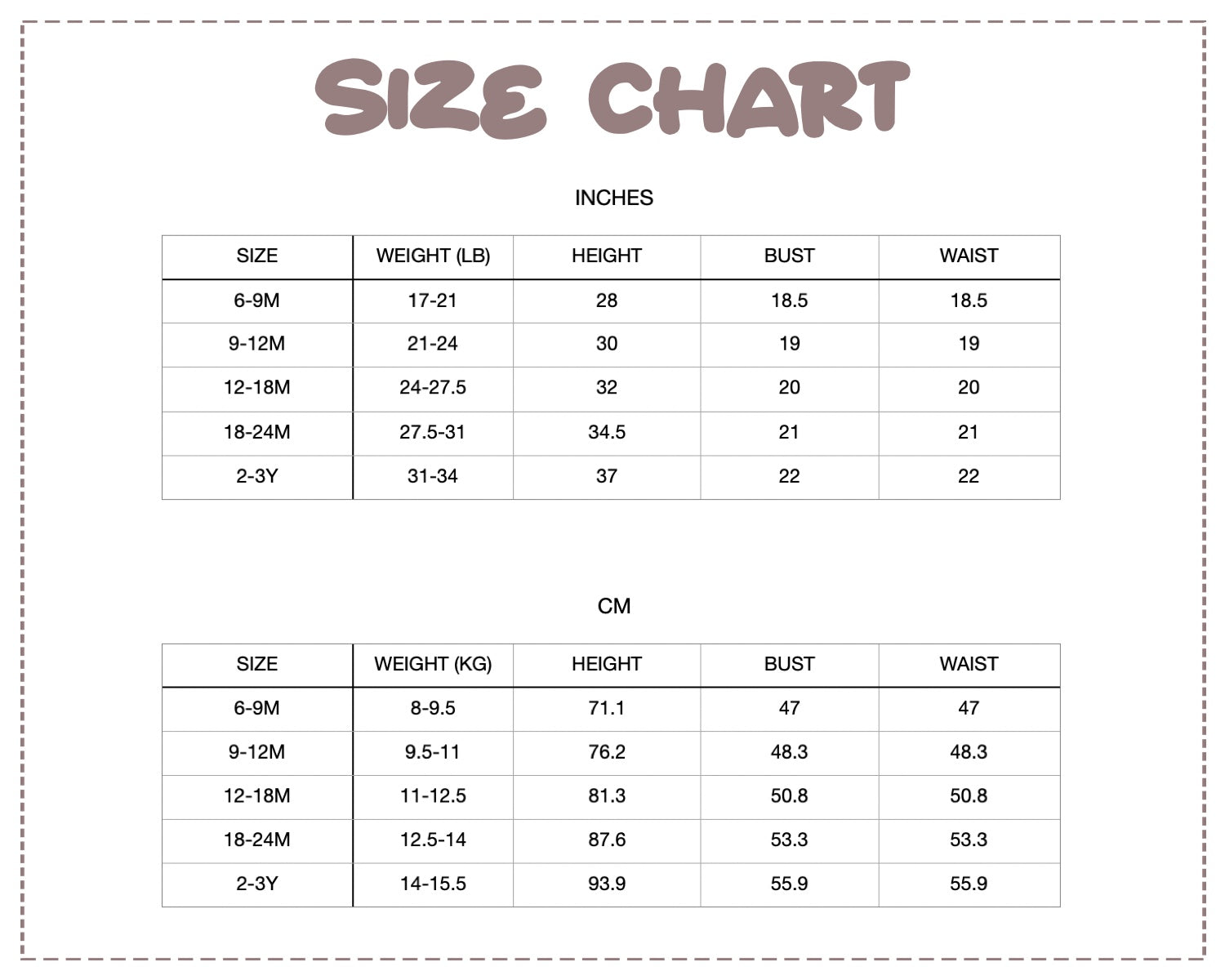 Patterns For Kidz size chart.