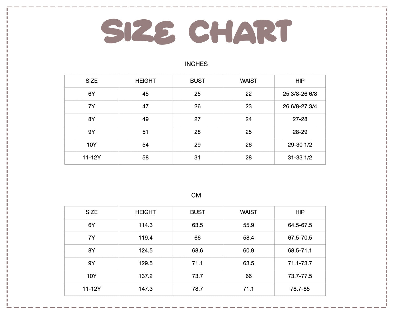 Patterns For Kidz size chart.