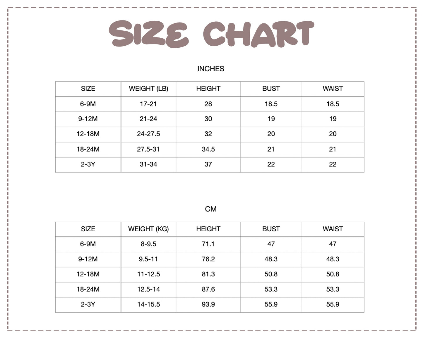 Patterns For Kidz size chart.