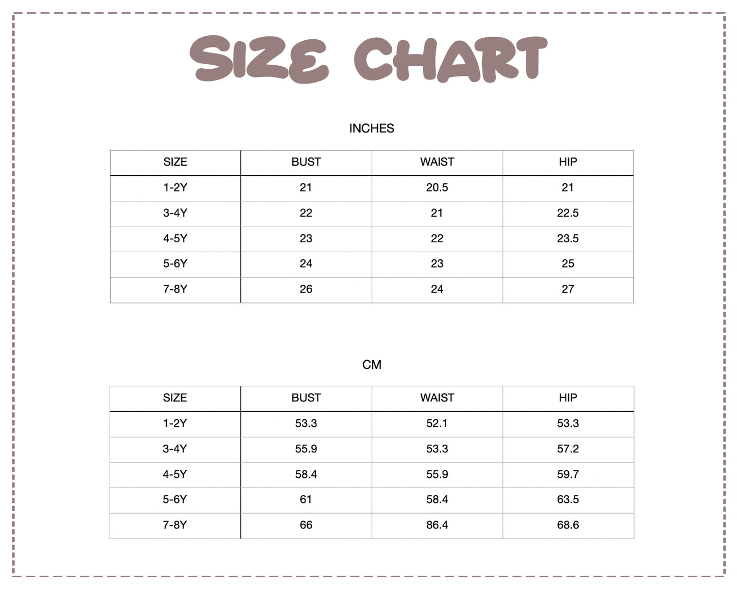 Patterns For Kidz size chart.