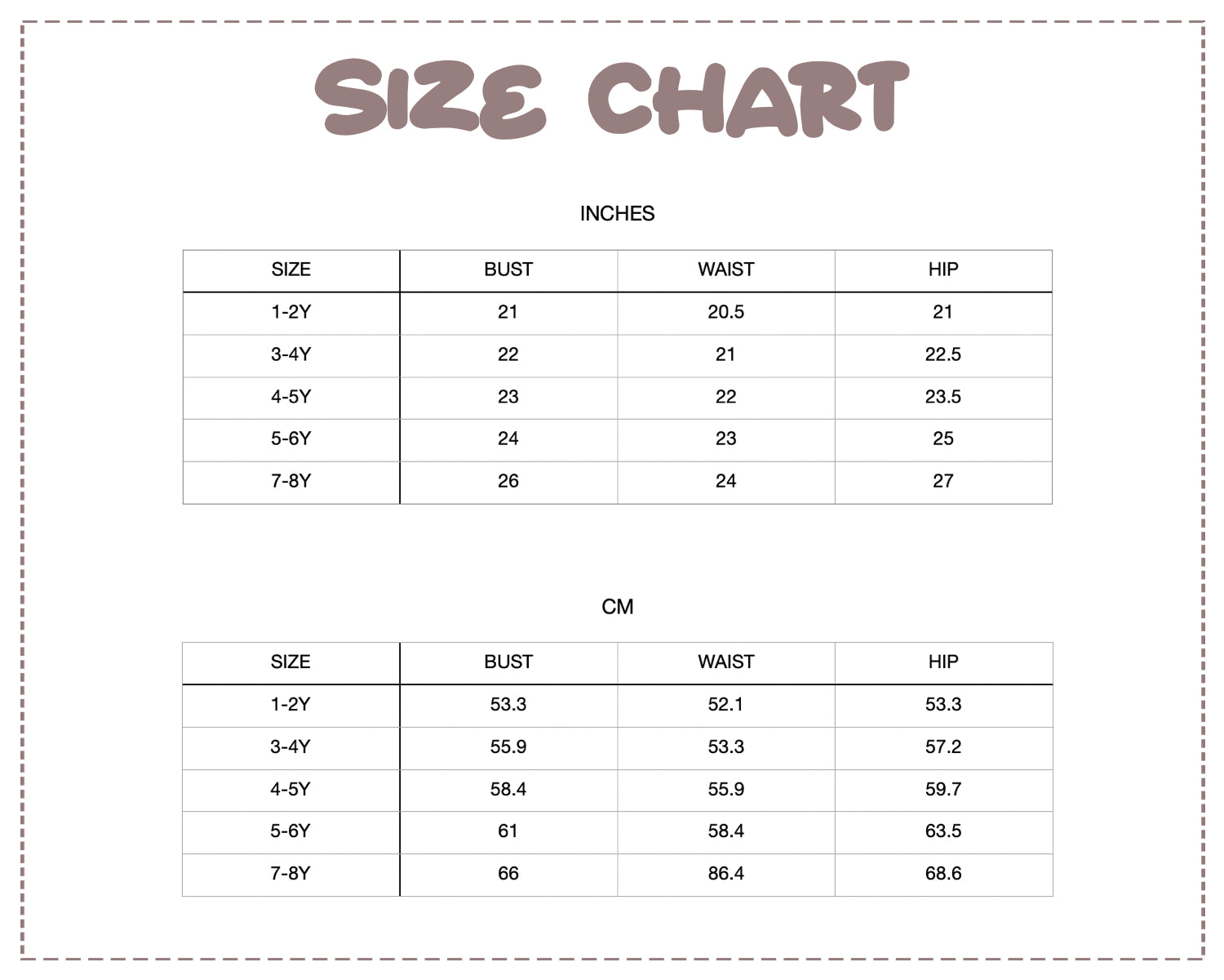 Patterns For Kidz size chart.