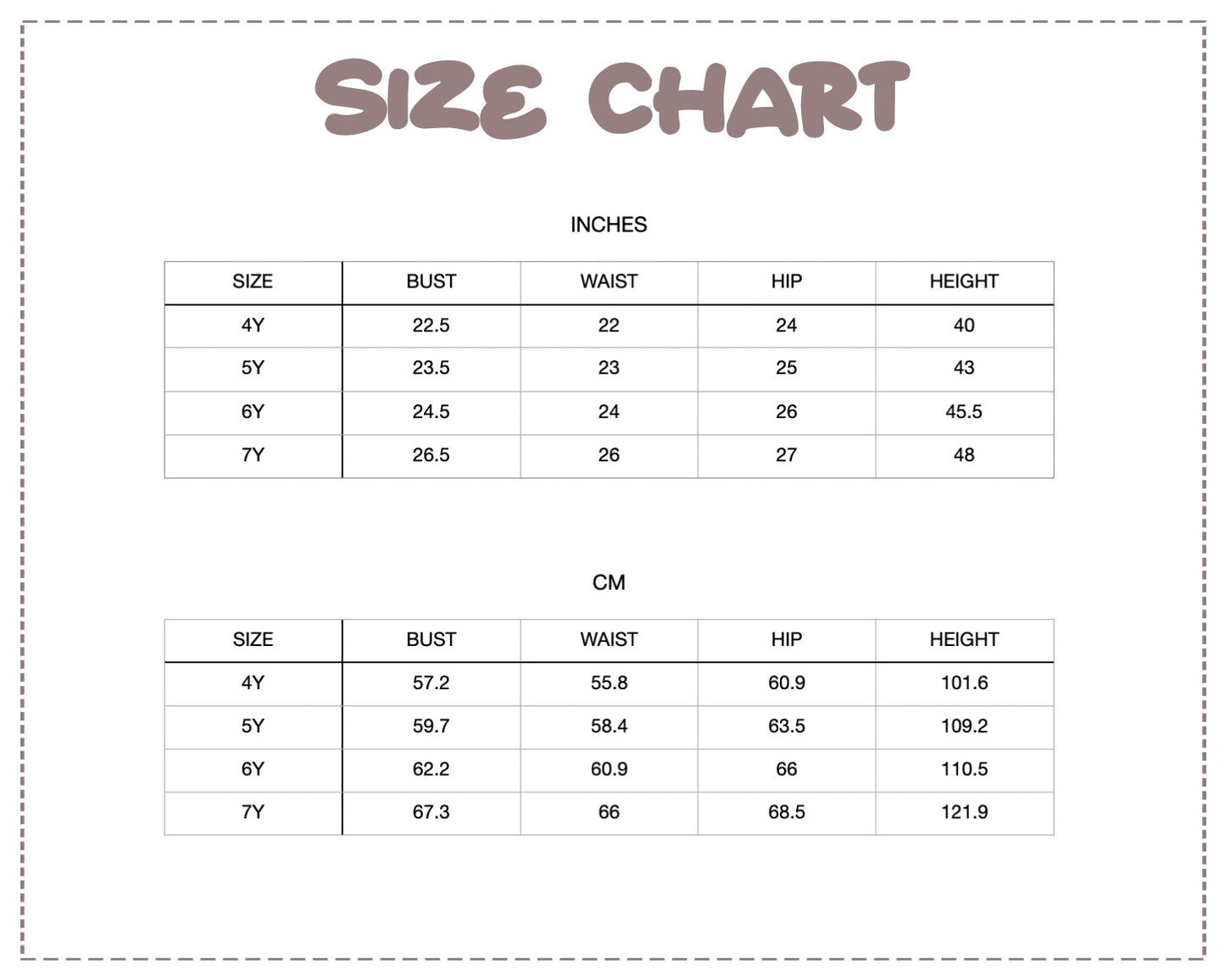 Patterns For Kidz size chart.