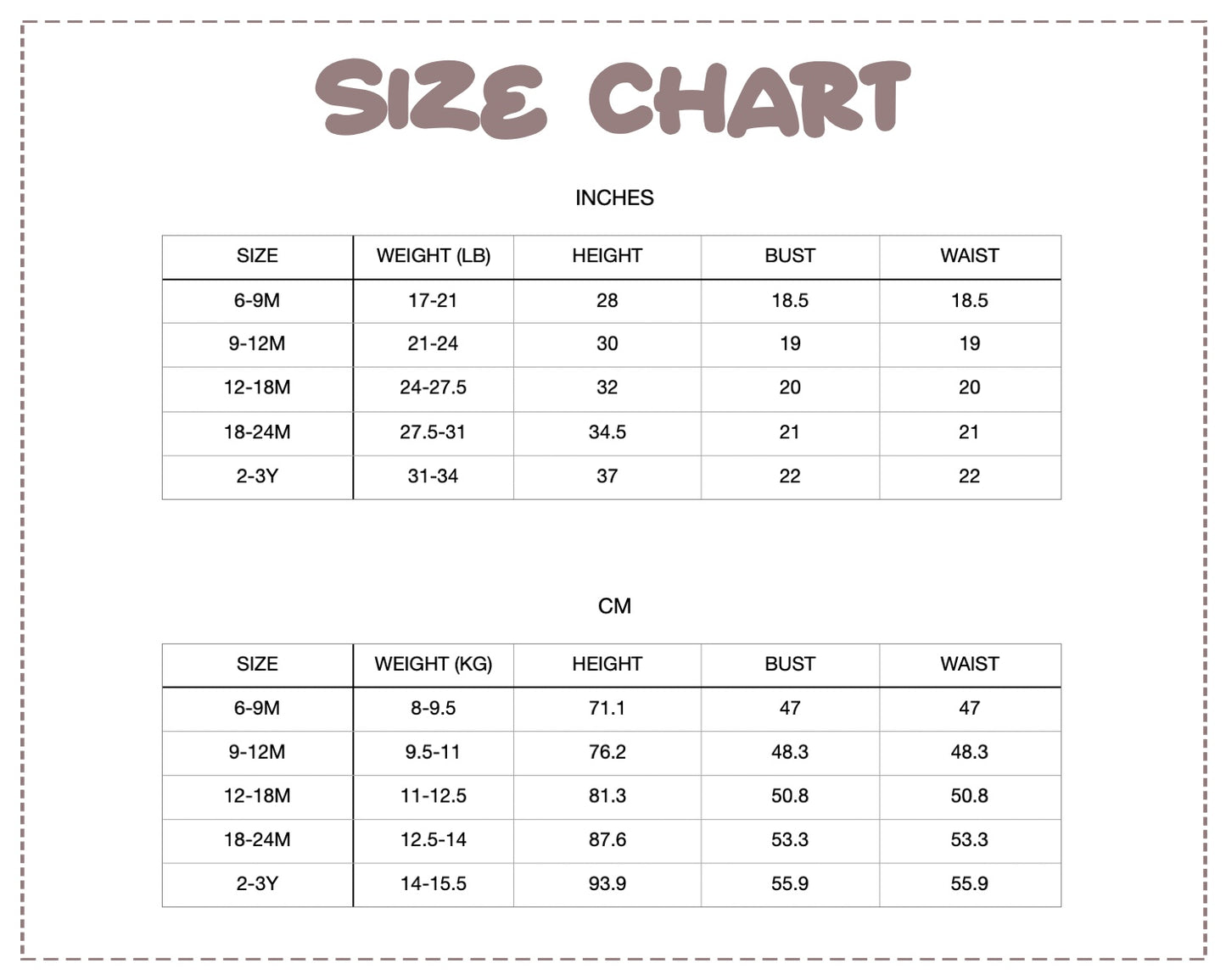 Patterns For Kidz size chart.