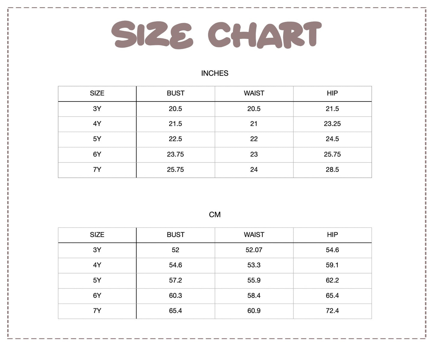 Patterns For Kidz size chart.