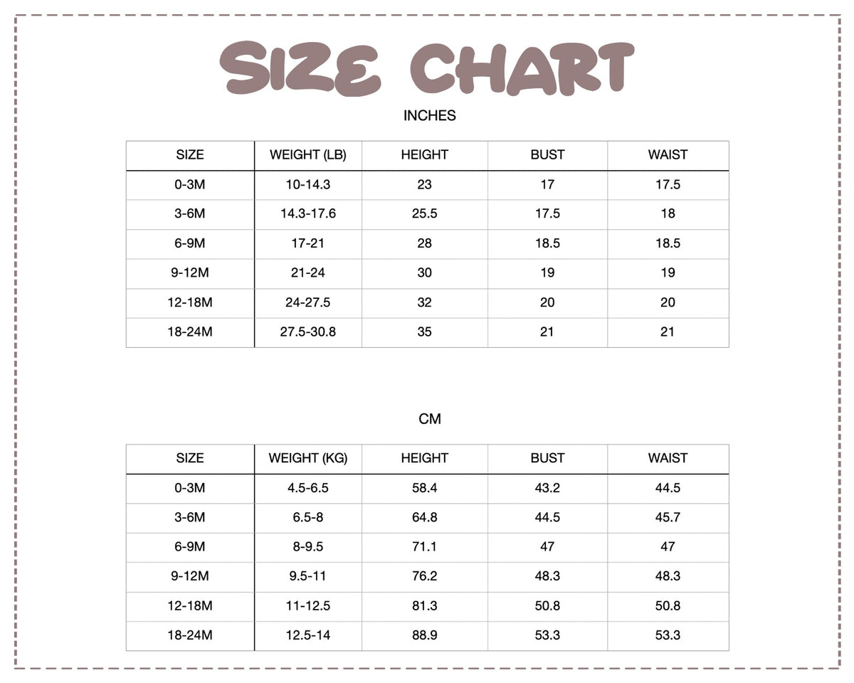 Patterns For Kidz 0M–24M size chart.