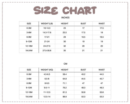 Patterns For Kidz 0M–24M size chart.