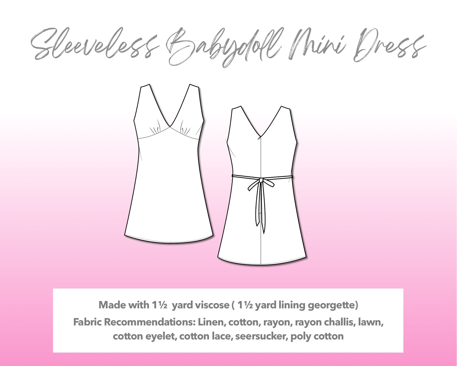 Illustration and detailed description for Sleeveless Babydoll Mini Dress sewing pattern.