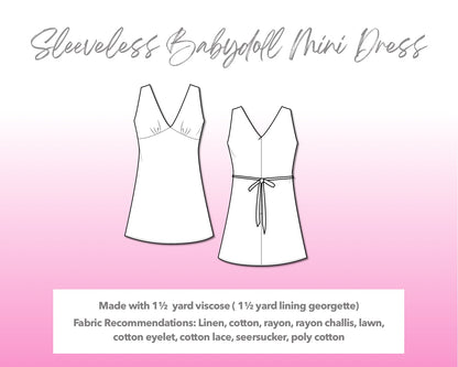 Illustration and detailed description for Sleeveless Babydoll Mini Dress sewing pattern.