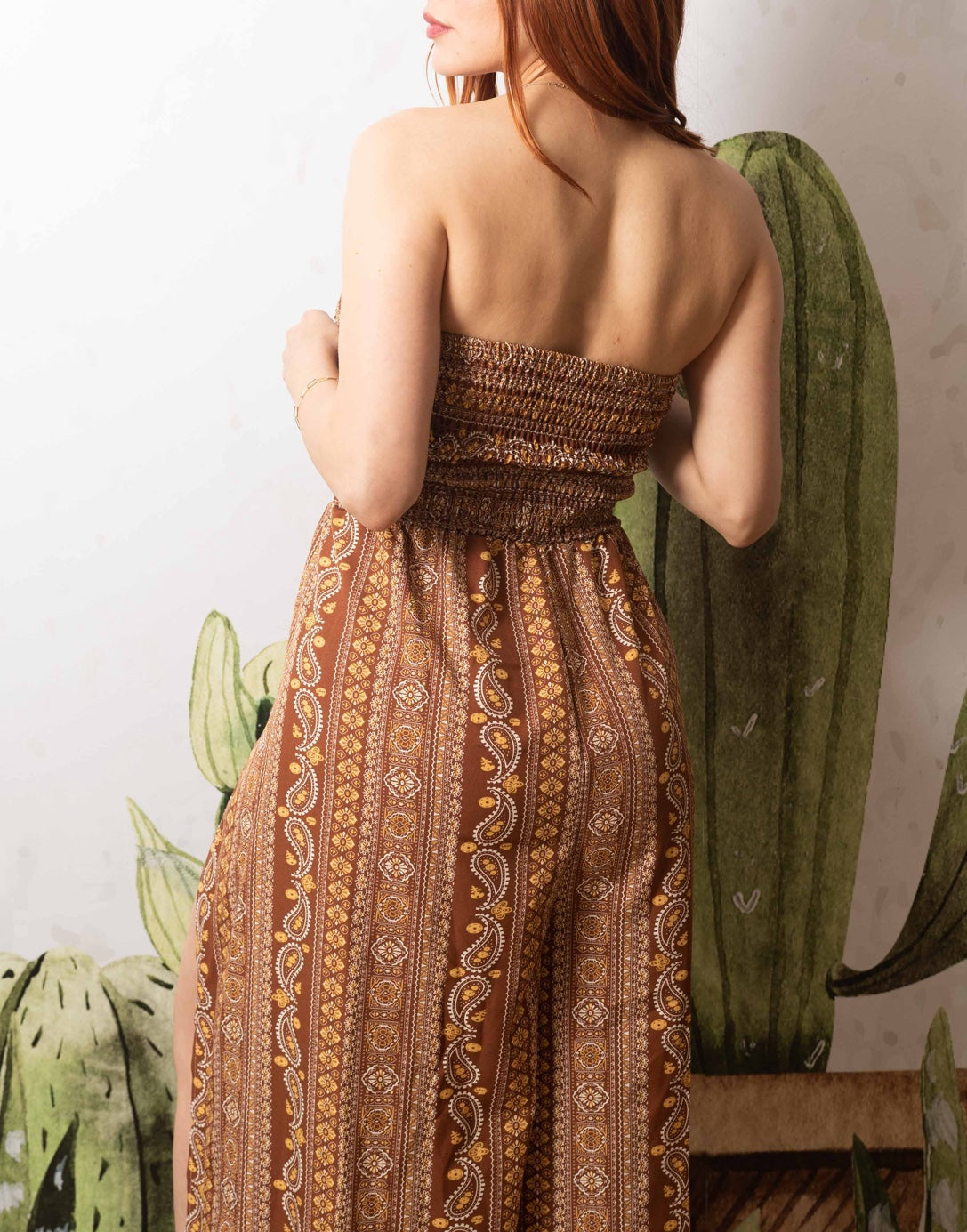 Back view of Split Thigh Shirred Tube Jumpsuit.