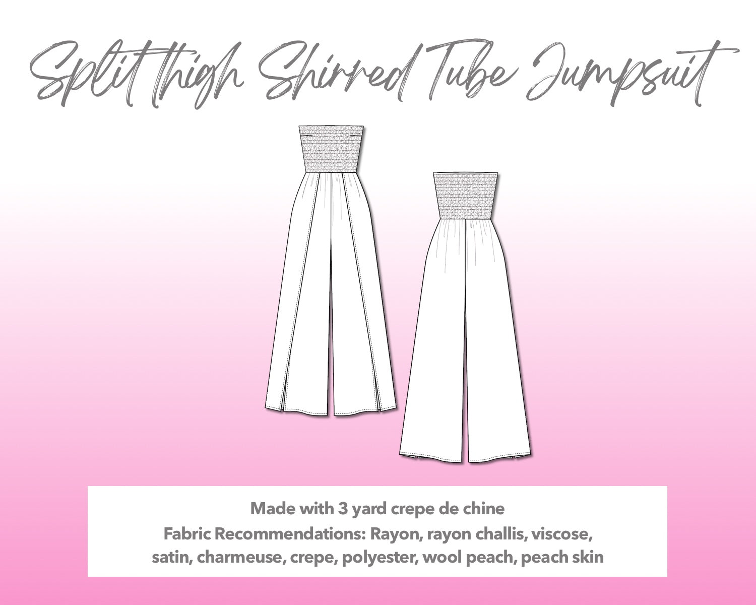 Illustration and detailed description for Split Thigh Shirred Tube Jumpsuit sewing pattern.