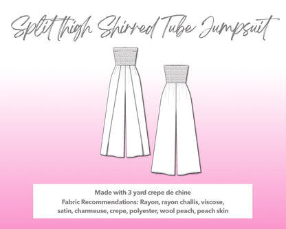 Illustration and detailed description for Split Thigh Shirred Tube Jumpsuit sewing pattern.