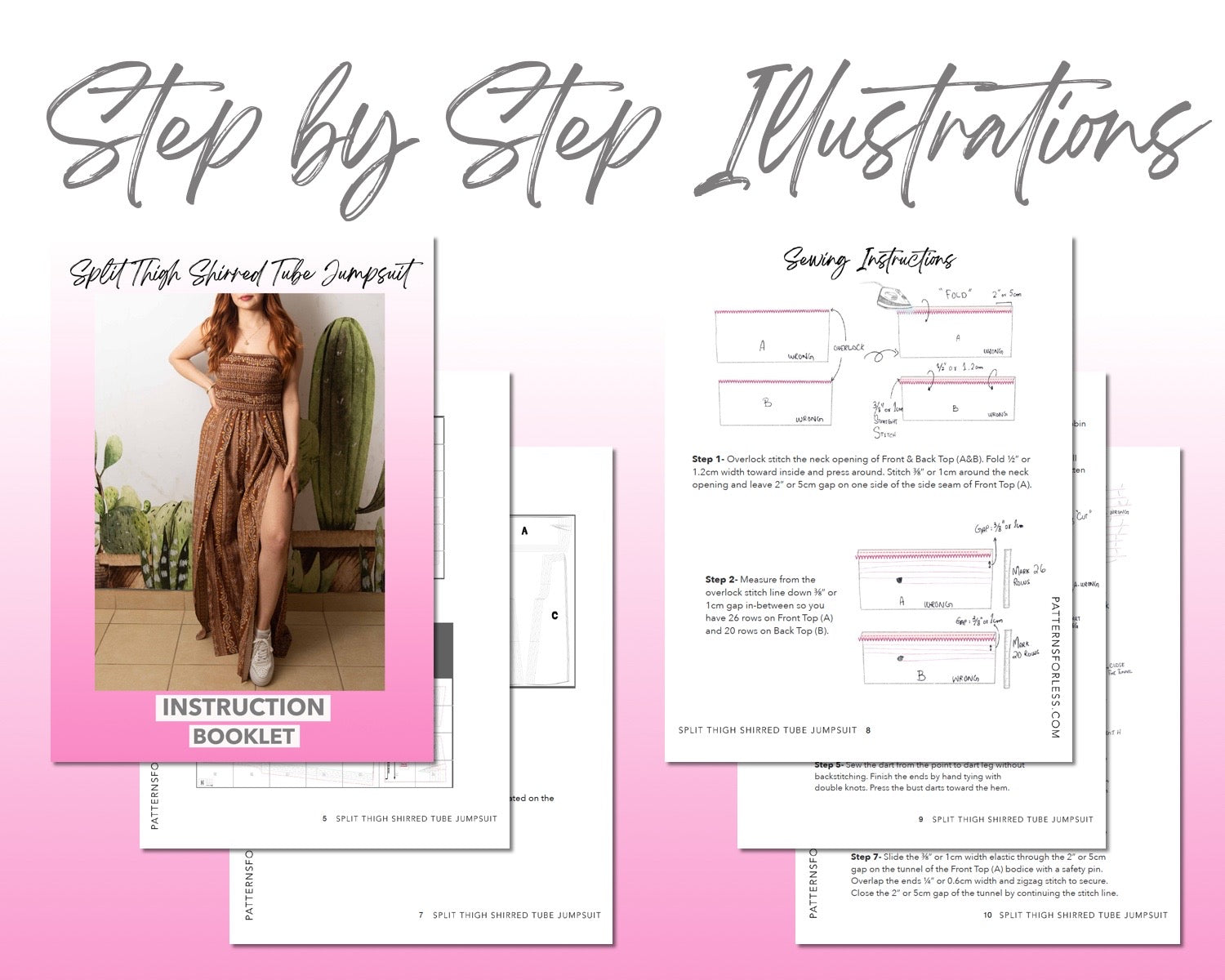 Split Thigh Shirred Tube Jumpsuit sewing pattern step by step illustrations.