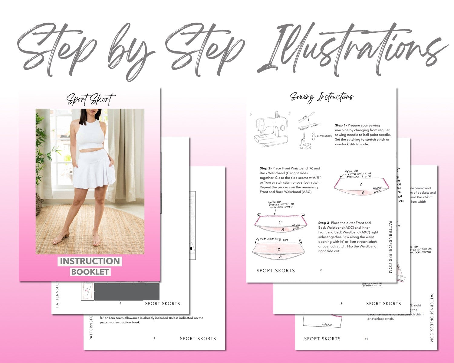 Sport Skort sewing pattern step by step illustrations.