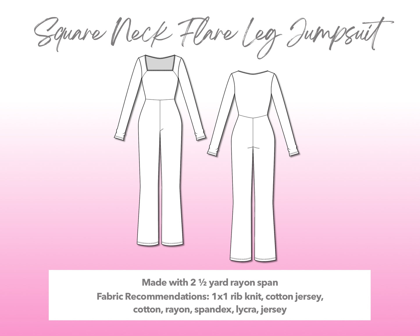 Illustration and detailed description for Square Neck Flare Leg Jumpsuit sewing pattern.