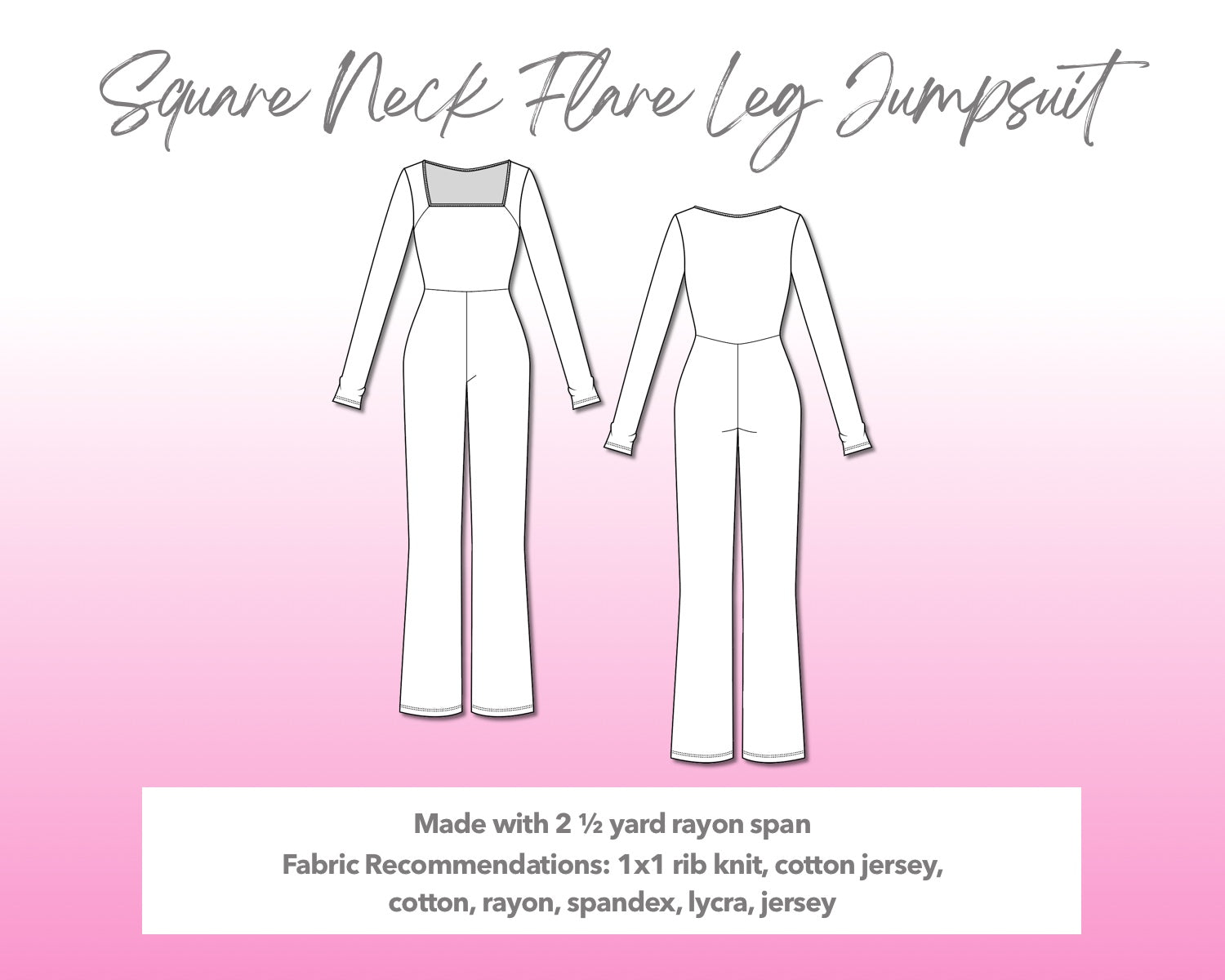 Illustration and detailed description for Square Neck Flare Leg Jumpsuit sewing pattern.