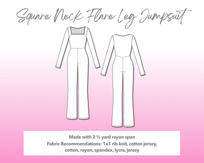 Illustration and detailed description for Square Neck Flare Leg Jumpsuit sewing pattern.