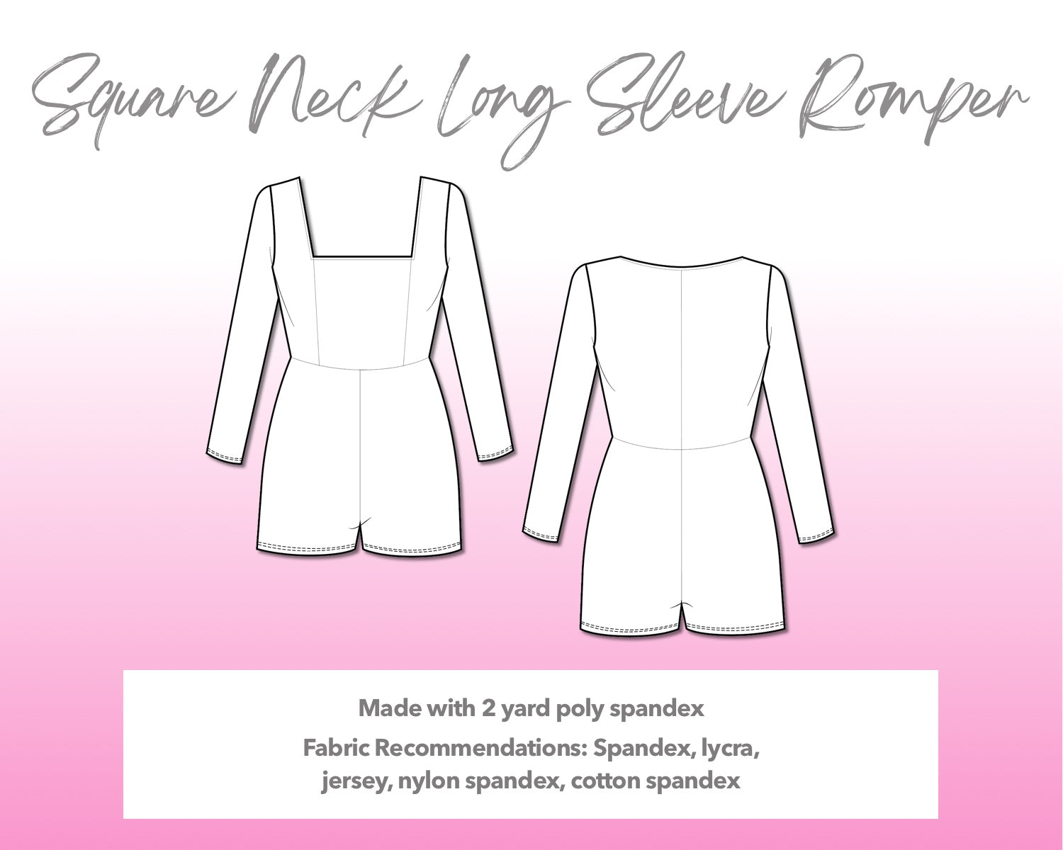 Illustration and detailed description for Square Neck Long Sleeve Romper sewing pattern.