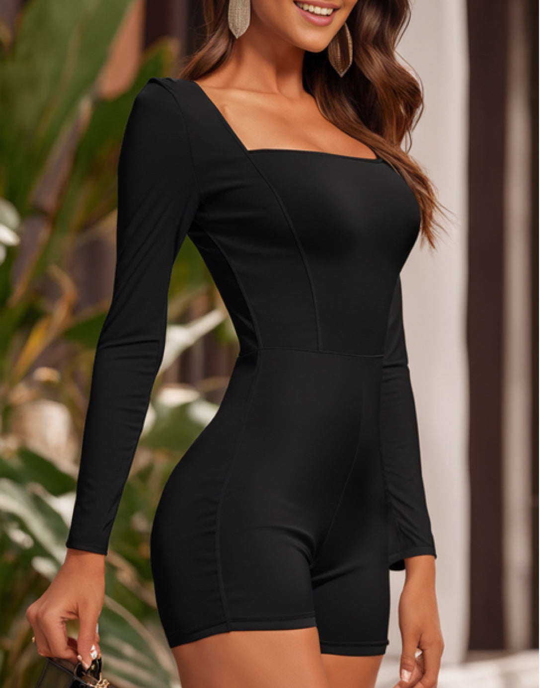 Side view of Square Neck Long Sleeve Romper.